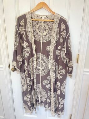 Embroidered Pewter & Ivory Open Kimono Large Swim Cover Boho Medallion